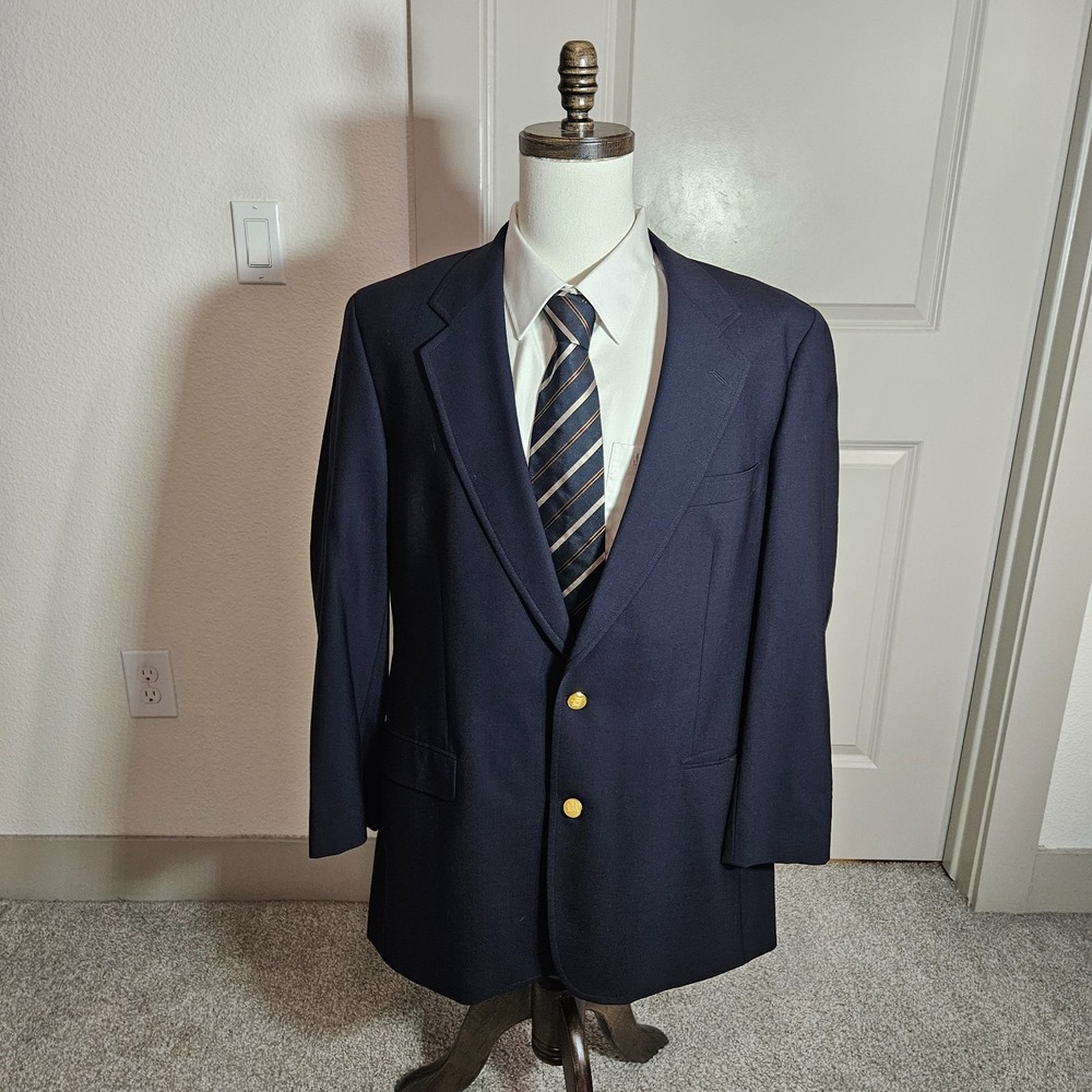 Brooks Brothers 43L Wool Suit Blazer Jacket Men Gold Button Brooksease Dark Navy